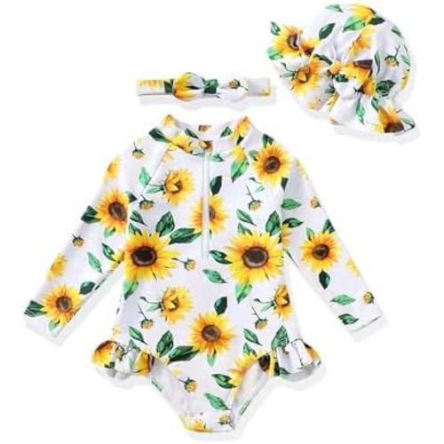 Baby Girl Swimsuit Summer One-Piece Infant Bathing Suit with Hat Long Sleeve Ruffle Zipper Rash Guard Beach Swimwear