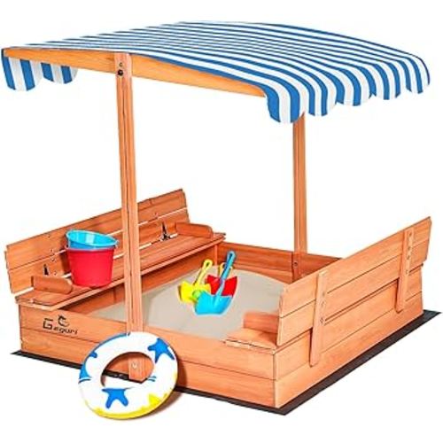 Kids Wooden Sandbox with Cover, Foldable Bench Seats, Retractable Roof, Outdoor Playset, Large Sand Pit with Lid (Natural Wood, Blue & White Striped Canopy, 48 Inch)