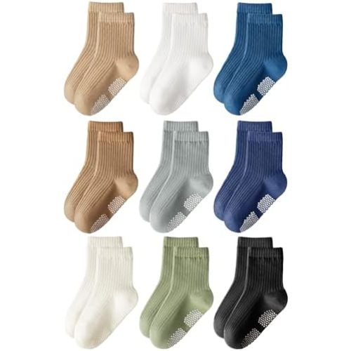 HONGTEYA 9 Pairs Toddler Boys Socks, Baby Non Slip Socks for Infant Cotton Sock with Grippers 0-5 Years