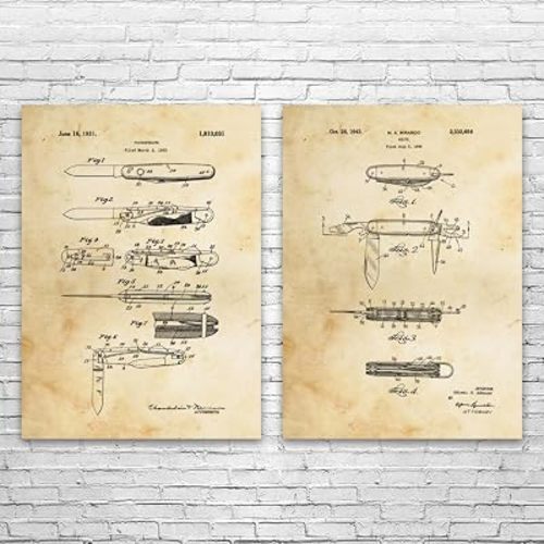 Pocket Knife Patent Prints Set of 2 (8x10), Camping Decor, Outdoorsman Gifts, Farmhouse Decor, Gifts For Men, Man Cave Decor Vintage Paper