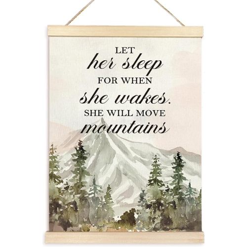TAEDIN Girl Nursery Wall Decor Poster Hanger Frame, Mountain Nursery Decor, Forest Woodland Wooden Canvas Artwork Print for Baby Girls Daughter Room Decor, Funny Quotes Mountains Wall Decor 12X16
