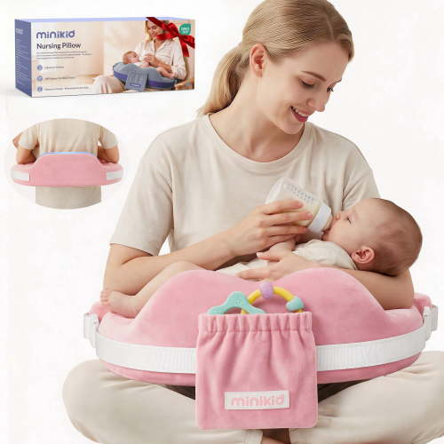 Minikid Nursing Pillow for Breastfeeding,60D Firm Memory Foam, Ergonomic Design with Lumbar & Arm Support, Safety Fence, Adjustable,Safe and Comfortable Feeding,Pink