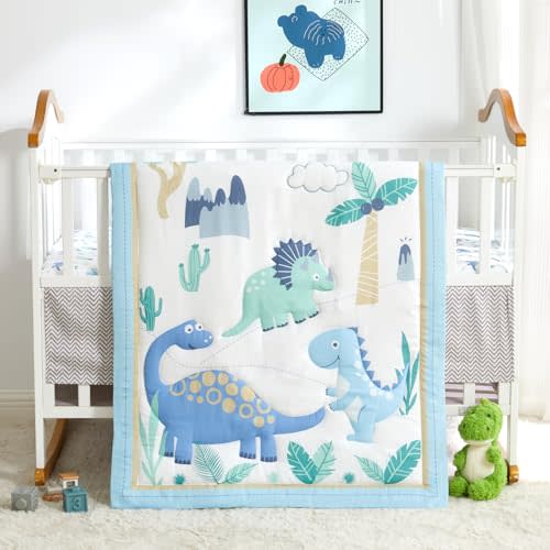 Dinosaur Mini Crib Bedding Set for Boys Light Blue Premium 3-Piece Baby Bedding Sheet Set Dinosaurs Nursery Crib Set Crib Comforter Set Breathable and Soft for Baby