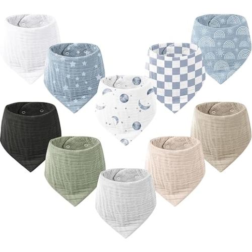 Konssy 10 Pack Baby Muslin Bandana Bibs for Drooling and Teething | 100% Cotton, 6-Layer Bibs, Pre-Washed Soft & Absorbent, Adjustable Neck Fit, Boys & Girls 0-36M