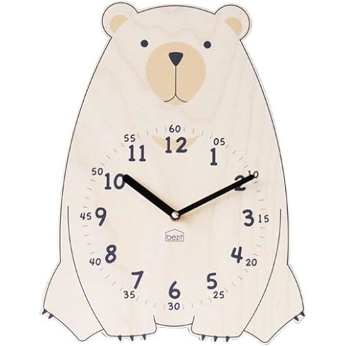 Silent Kids Wall Clock - Non-Ticking, Decorative, Cute Wooden Clock for Nursery, Children, Toddler, Baby Room, Battery Operated - Bear, Unicorn, Owl (Brown Bear)