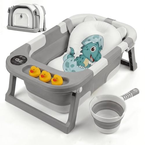 Collapsible Baby Bathtub for Newborn Infant Girl & Boy 0-24 Months, Foldable Portable Bathtub with Thermometer, Heat Sensor, Drain Plug, Water Scoop, Dino Cushion Pillow, Travel Bath Tub for Shower