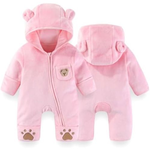 Fairy Baby Newborn Baby Bear Outfit With Fold-Over Mittens Footies Thin Fleece Romper Hooded Jumpsuit Winter Coat Girls Boys