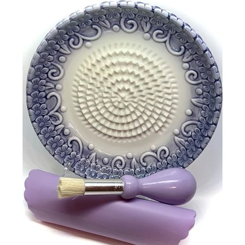 All-in-one 4pcs Prime Ceramic Garlic Grater Set Lavender Purple Flowers Grater Plate w/Garlic Peeler, Gathering Brush, Stand, It's also grating Turmeric, Ginger.