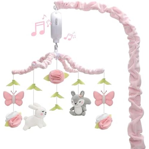 Baby Crib Mobile For Girls, Soft Knitted Woodland Characters Rabbit Squirrel, Pink And White Nursery Decor, Calming Soother With 12 Lullabies Essential And For Girls