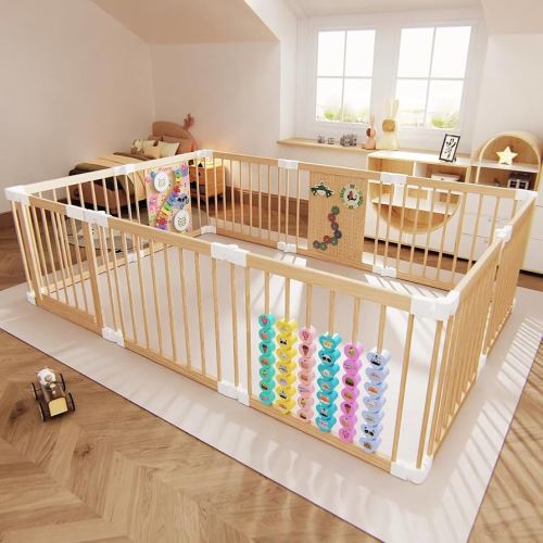 Baby Playpen - Adjustable Multi-Shape Wooden Play Yard, Portable Collapsible Activity Center with Baby Fence Play Area & Toys for Infants, Toddlers (56x84x24inch)