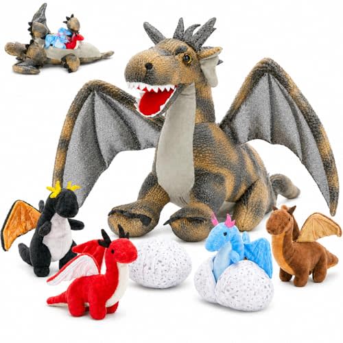 Dragon Plush with 4 Babies, 21.7" Dinosaur Stuffed Animal, Gray | 7Pcs Dragon Plush Family; Mommy, 4 Baby Dragons & 2 Eggs; Zipper Belly Pretend Play; Birthday & Christmas Gift for Kids