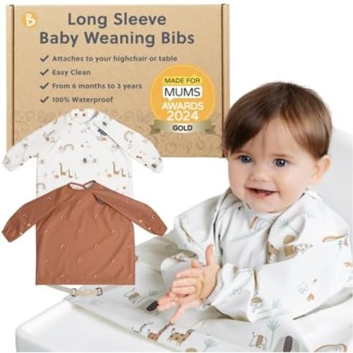 BIBaDO - Long Sleeve Baby Bibs - Babies & Toddlers 6-36 Months - Coverall Baby Led Weaning Bib - Easy Wipe, Soft & Waterproof