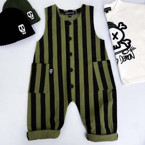 ⚡OLIVE GREEN & BLACK STRIPE OVERALL DUNGAREES⚡ – Skeletots