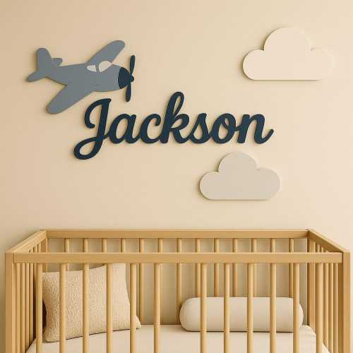 Airplane and Clouds Above Crib Name Sign, Personalized Wooden Nursery Name Sign, Custom Baby Wall Decor, 3D Boy Nursery Sign