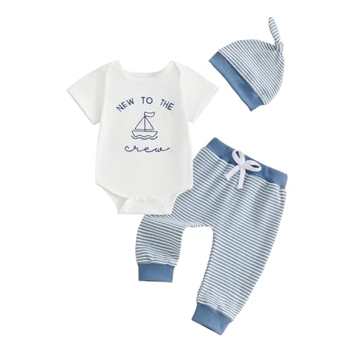 Bagilaanoe Summer Baby Boy Clothes New To The Crew Sailboat Short Sleeve Romper+ Pants+ Hat Sailing Outfits Set