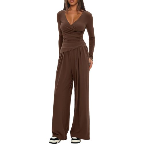 Darong Women's 2 Piece Lounge Outfits Sets Warp V Neck Short/Long Sleeve Shirts and Wide Leg Pants Casual Matching Sets