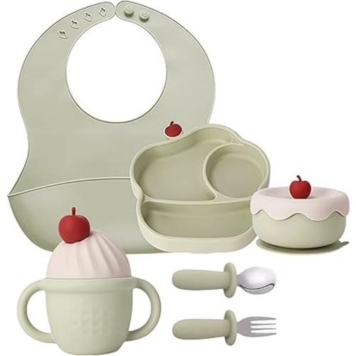 Silicone Baby Feeding Set, Gelato Collection Baby Led Weaning Supplies, First Self-Feeding Set with Silicone Suction Bowl & Plate, Straw Cup & Bib, Fork & Spoon Silicone Baby (Green)