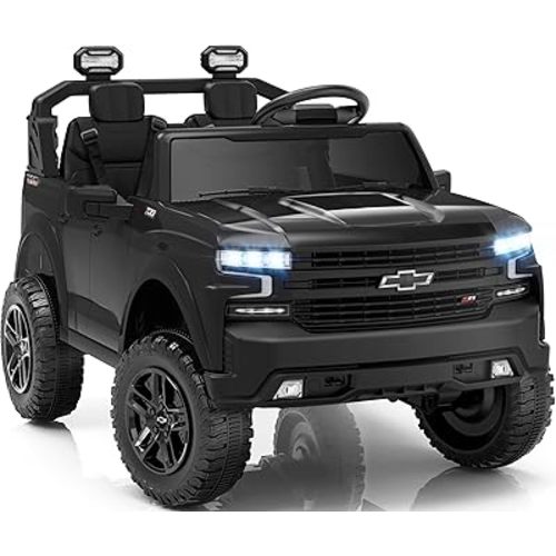 First Ride On 24V 2 Seater Ride on Toys Licensed Chevrolet Silverado, Electric Vehicle with Remote Control and Seat Belts, Electric Ride on Truck with Trunk, Bluetooth and LED Lights (Black)