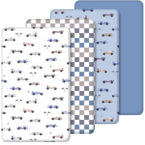 SmoothNovelty 4 Pack Race Car Crib Fitted Sheet for Boys Girls - 52" x 28" Fitted Baby Sheet with Cars and Gingham Style for Standard Mattress Gift Set, Microfiber & Soft Breathable (Blue)