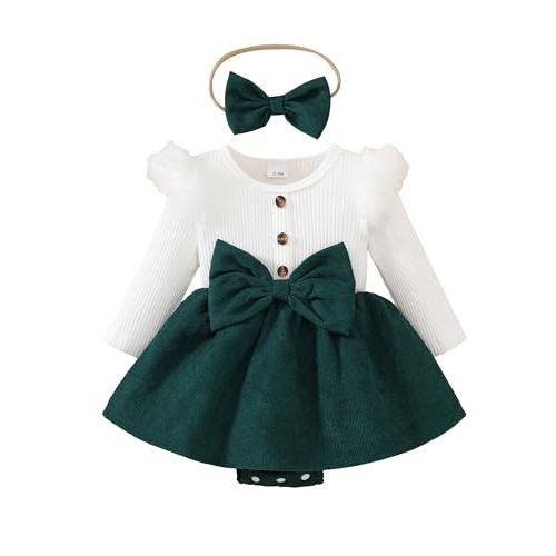 Newborn Baby Girl Spring Outfits Infant Ribbed Romper Dress Ruffle Long Sleeve Clothes Jumpsuit with Bow Headband