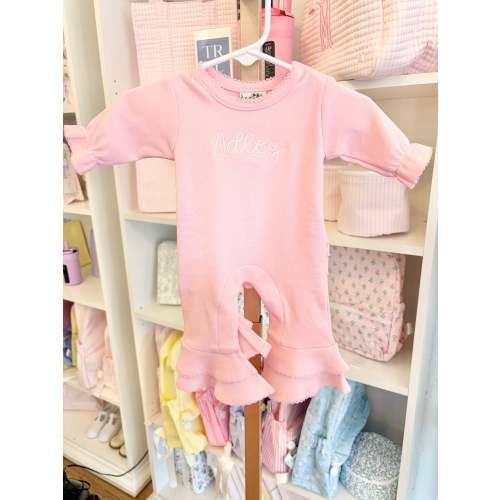 Pink Ruffle Booty Romper- Bubbly Font Name – Little Stitches & Co.