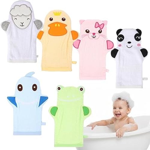 6Pcs Baby Bath Mitt Washcloths Gloves Soft Panda Toddler Washcloths for Kids Cute Animal Designs Yellow Duck Shark Sheep Cotton Towel Gentle Scrub for Baby Bath Shower