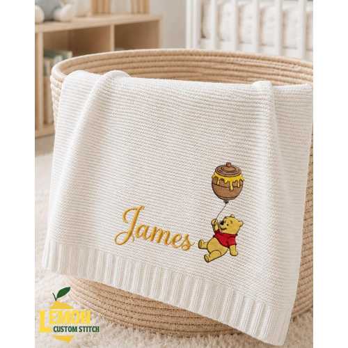 Custom Pooh Balloon Embroidered Baby Blanket, Gift For Newborn, Personalized Name Disney Pooh Tigger Piglet Blanket