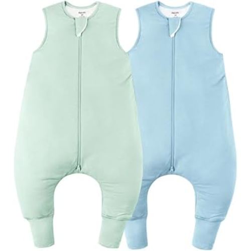 Rayon Made From Bamboo Sleep Sack 12-24 Months 1.0 Tog Ultra Soft Toddler Sleep Sack 1t-2t with Feet 2-Way Zipper Unisex Baby Sleeping Bag with Legs Baby Wearable Blanket (2 Pack)-Green & Blue