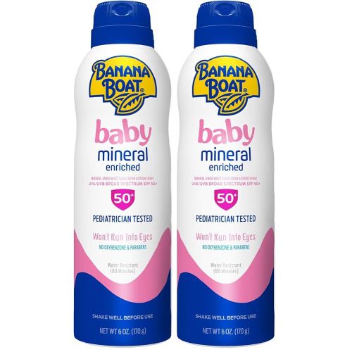 Banana Boat Baby Mineral Enriched Sunscreen, Won't Run Into Eyes, Broad Spectrum Sunscreen Lotion Spray, SPF 50, 6oz. (Pack of 2)