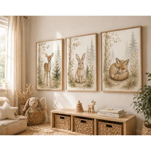 Woodland Nursery Art Set, Watercolor Deer, Bunny, Fox Prints, Scandinavian Decor