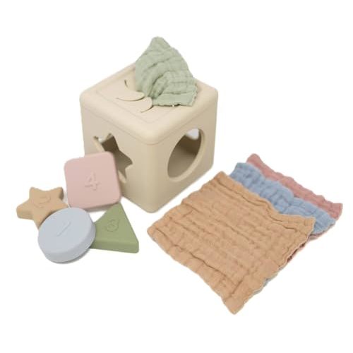 Brooklyn Neutral Silicone Shape Sorter & Tissue Box Toy with Organic Muslin Cotton Cloths - Baby Toys for Development - Montessori Learning Toys for 1 Year Old-Educational Non-Toxic Toy