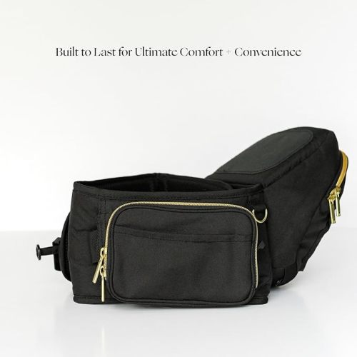 Tushbaby Original Hip Seat Baby Carrier for Babies & Toddlers up to 45 lbs, Safety Certified, Lightweight No-Foam Design with Storage, Black & Gold