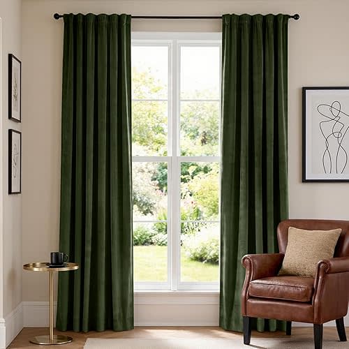 Lazzzy Velvet Blackout Curtains Thermal Insulated Room Window Drapes Super Soft Luxury Curtains for Living Room Bedroom Rod Pocket 2 Panels, Moss, 52" W x 84" L