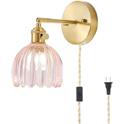 Plug in Wall Sconce, Vintage Sconce Light with Tulip Pink Glass Lampshade, 180° Adjustable Wall Sconce with Switch and Plug in Wall Lamp Cord, Gold Wall Light for Bedroom Bedside