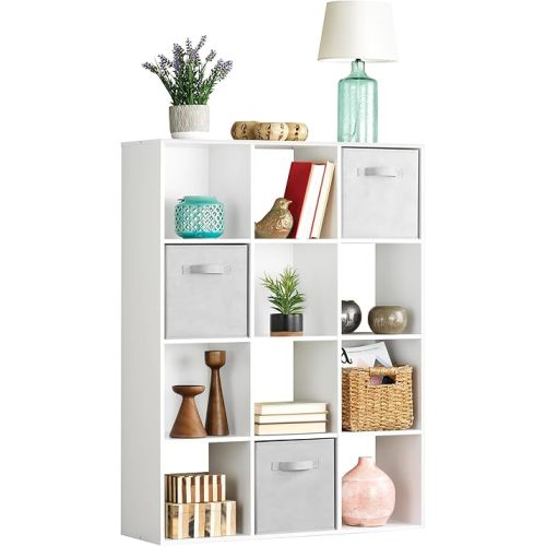 Whitmor 12 Cube Bookcase, 4 Tier Stackable MDF Bookself, Open Storage Display Organizer, Storage Cabinet for Living Room, Bedroom, Home, Office, 35.1" L x 11.6" W x 47.5" H, White