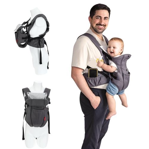 Nuby Deluxe Baby Carrier: Newborn to Toddler with Lumbar Support for 7.7-32.8 lb. (3.5-14.9 kg) | Lightweight Breathable Mesh Fabric | Bonus Teether | Removeable Baby Drool Bib | Color: Grey