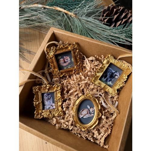 Miniature Gold Framed Art Woodland Ornament Set / Christmas Set / Original Painting Fox Owl Bear Fawn