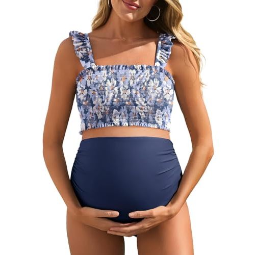 Summer Mae Maternity Swimsuit Ruffled Two Piece Bikini High Waist Swimwear | Pregnancy bathing suit,Shirred bandeau top,Ruffle hem,Removable Pads,High-stretch,Cute,Floral,Strapless bikini,Beach,Babymoon