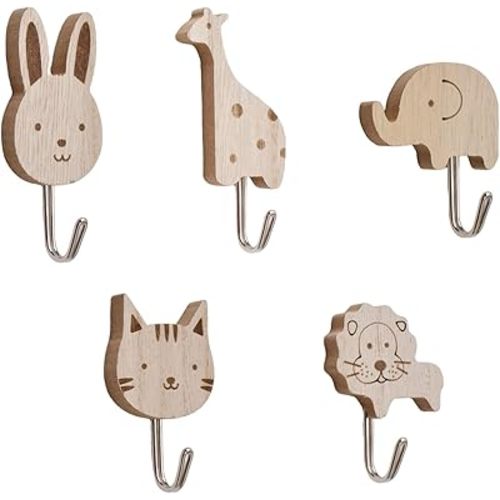 MOROBOR Wooden Animal Hooks, 5pcs Decorative Coat Wall Mounted Hangers Cats, Lions, Rabbits, Giraffes, Elephant Shape Hook for Kids Room Nursery Bedroom Decor