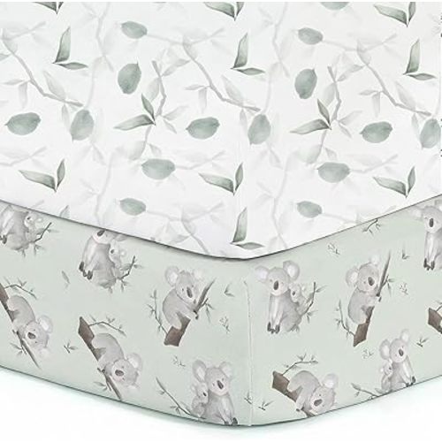 Pack n Play Sheets, BROLEX 2 Pack Mini Crib Sheets,Stretchy Portable Fitted Playard Sheet Set, Convertible Playard Mattress Cover,Ultra Soft Breathable Material,Koala & Foliage