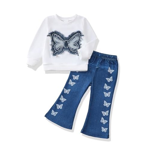 Renotemy Toddler Baby Girl Clothes Fall Winter Outfits Gifts 12Months-5T | Cute Toddler Girl Clothes, Toddler Fall Winter Outfits for Girls, Long Sleeve Sweatshirt Top, Bell Bottom Flare Pants Set