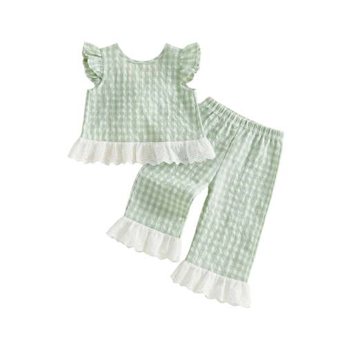 Loicainy Toddler Baby Girls Summer Outfits 6 12 18 24 Months 2T 3T Flying Sleeve Crew Neck Plaid Print Vest Tops and Elastic Waist Pants Clothes Set