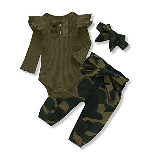 Kislio Newborn Baby Girls Clothes Ribbed Ruffled Romper+Floral Pants+Headband Infant Outfit Set