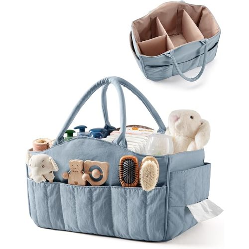 Marscamd Quilted Baby Diaper Caddy with Detachable Dividers and Wipes Pocket, Lightweight Baby Caddy Organizer with Handles and 8 Pockets for Baby Stuff, Dusty Blue