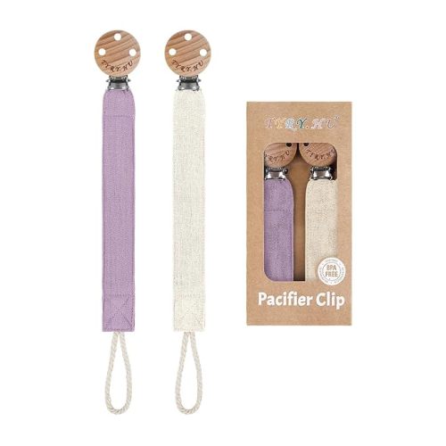 TYRY.HU Ribbon Baby Pacifier Clip Holder, 2 Pack Binky Paci Holder Clips, Pacifier Leash, Universal Binky Leash, Creamy White & Purple