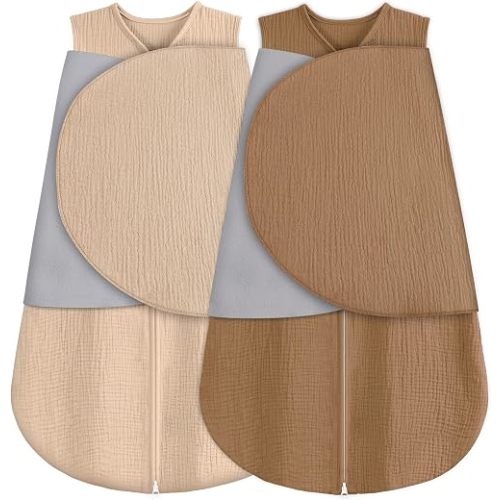 BSTOPPT Newborn Sleep Sack Baby Swaddle,100% Muslin Cotton,3-Way Adjustable Wearable Blanket,Swaddling Sleeping Bag (2, Beige & Khaki, 3-6 Months)