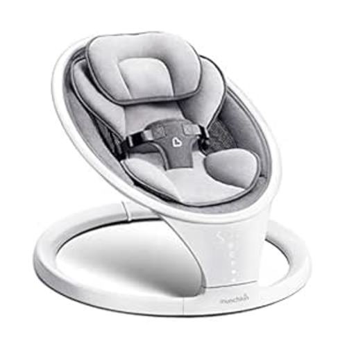 Munchkin Electric Baby Swing, Portable and Lightweight, Bluetooth Enabled Infant Rocker with Natural Sway in 5 Ranges of Motion, Newborn Nursery Essentials, White/Grey