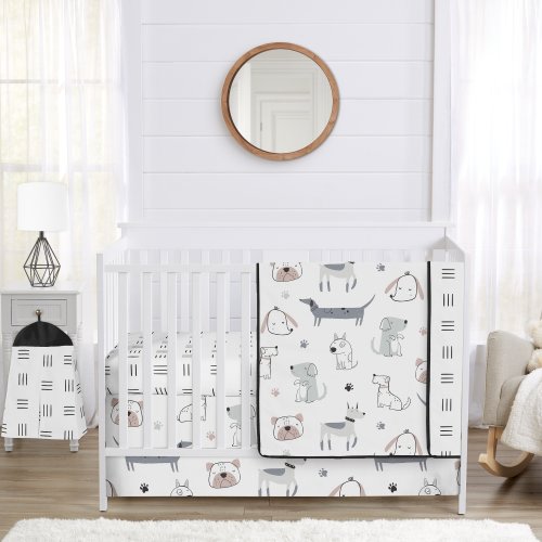 Sweet Jojo Designs Dog Boy Girl Unisex/Gender Neutral 4pc Nursery Crib Bedding Set Grey Taupe Blue Modern Puppy Watercolor Hatch