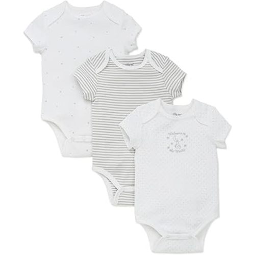 Little Me Baby Gender Neutral 3-Pack Short Sleeve Bodysuit Scratch Free 100% Cotton, Quick Snap Closures