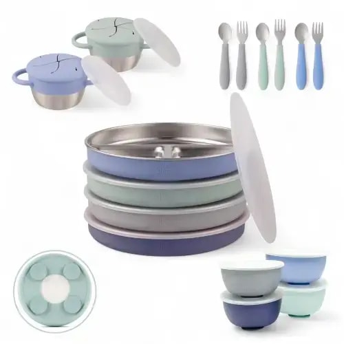 Stainless Steel Mealtime Bundle | Suction Sleeves | Plates, Bowls, Snack Cups + Toddler Utensils | 16 Pcs | Sage/MistyBlue/Navy/Gray